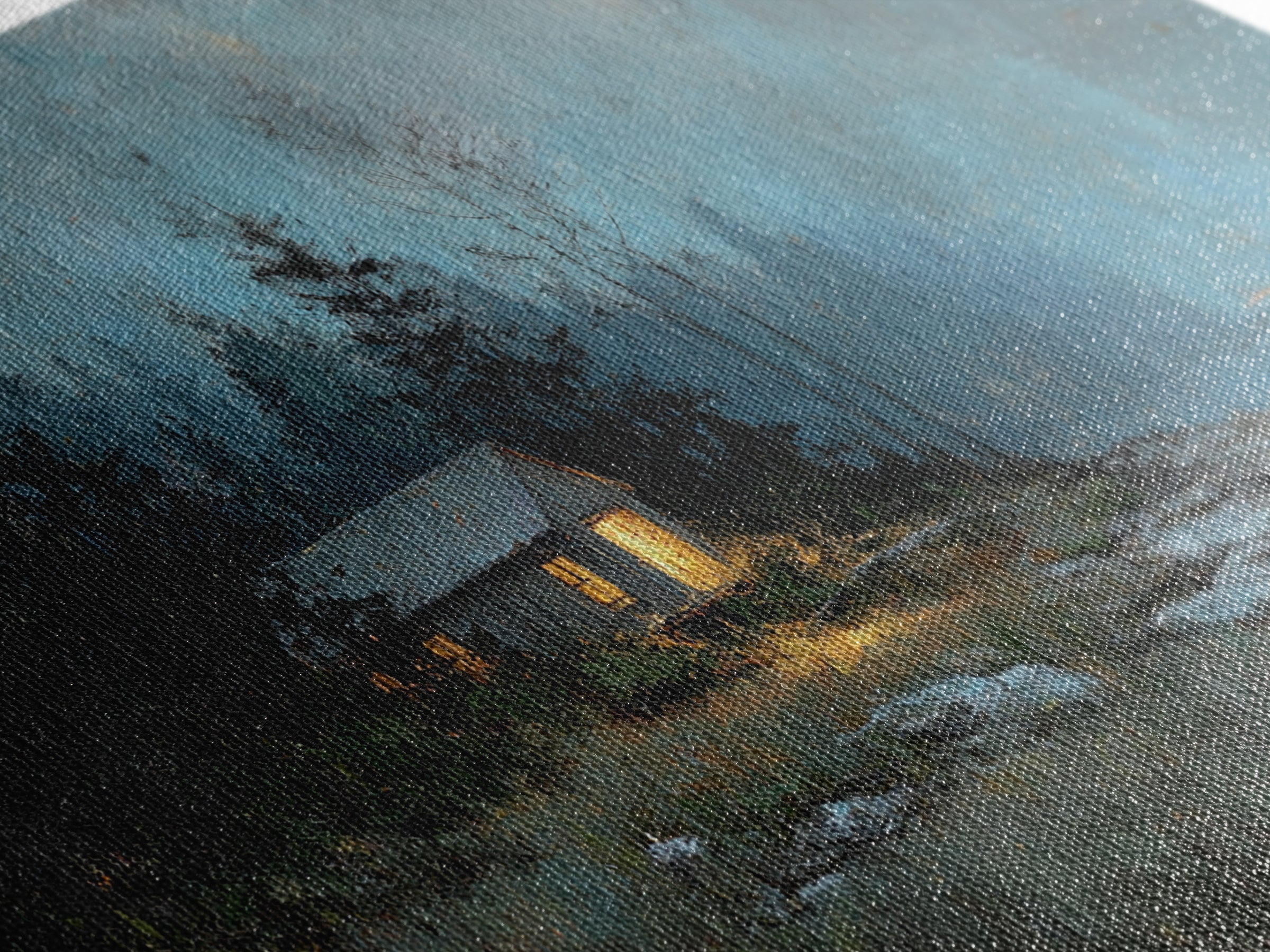 Forest Cabin Night Scene Framed Canvas Print, Basement Art, Contemporary Art, Living Room Decor, Oil Painting, Retreat, BAS-2x1-83