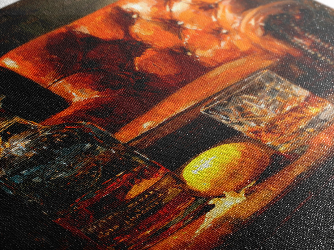 Whiskey Barrel and Leather Chair Mood Painting Canvas Print, Basement Art, Home Decor, Living Room Decor, Oil Painting, Retreat, BAS-2x3-66