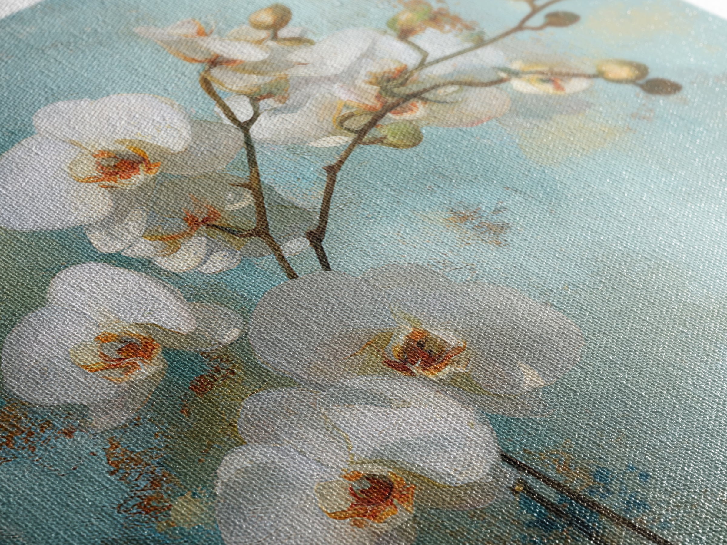 White Orchid on Warm Stone Background Framed Canvas Print, Bathroom Art, Bathroom Decor, Oil Painting, Spa, Modern Wall Art, BAT-1x1-28