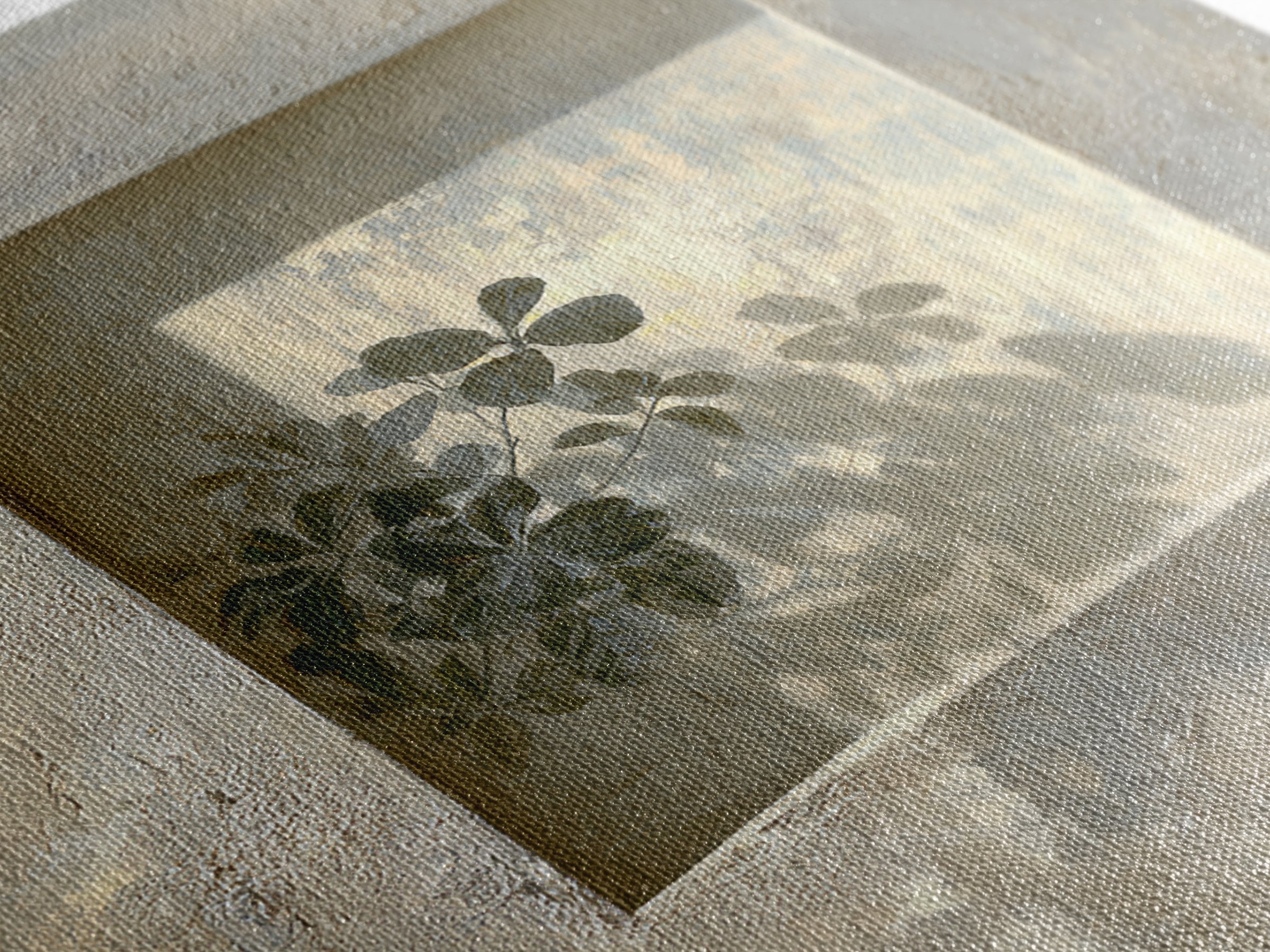 Sunlit Window Plant Shadow on Plaster Framed Canvas Print, Bathroom Art, Unique Wall Art, Bathroom Decor, Abstract Art, Spa, BAT-1x1-66