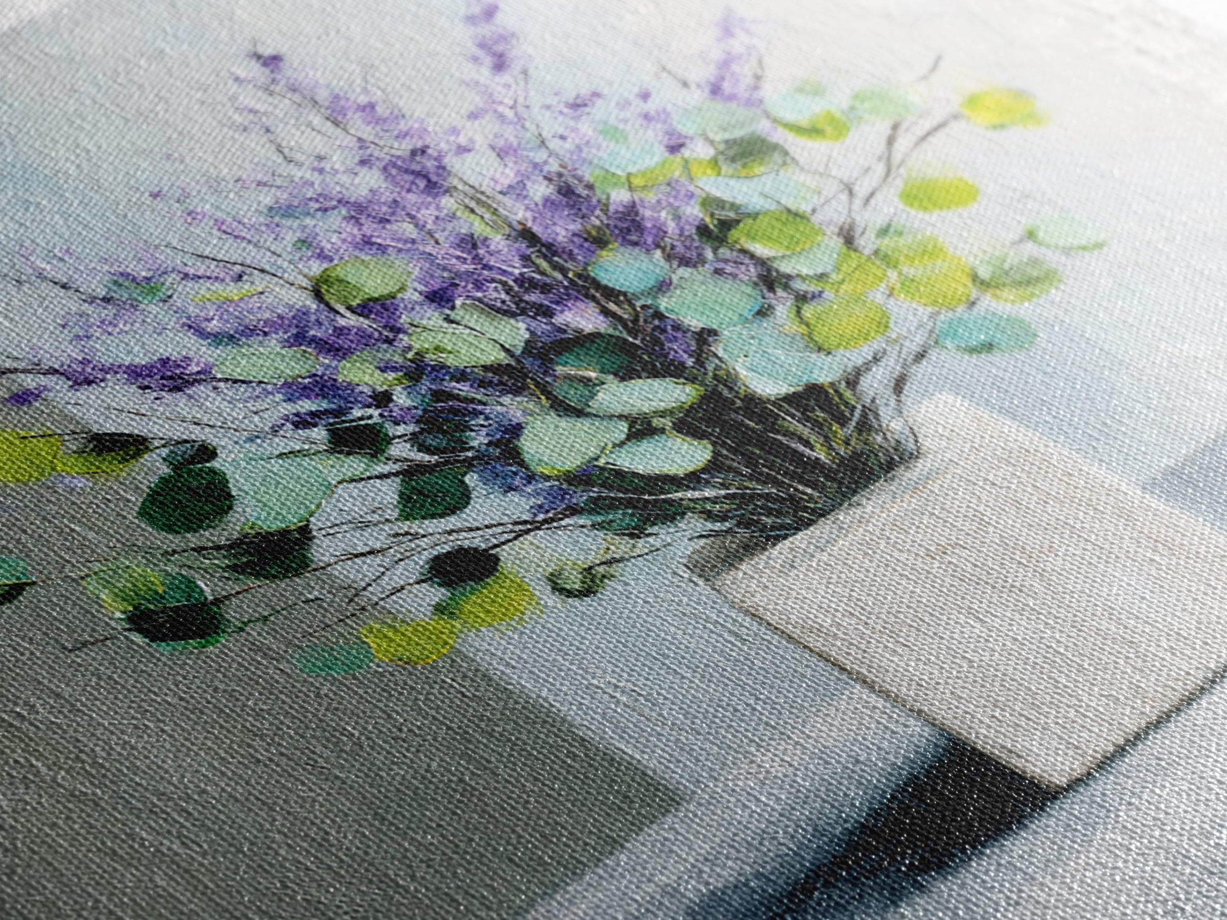 Lavender Sprigs in a Ceramic Vase Framed Canvas Print, Bathroom Art, Bathroom Wallpaper, Bathroom Decor, Abstract Art, Spa, BAT-1x1-84