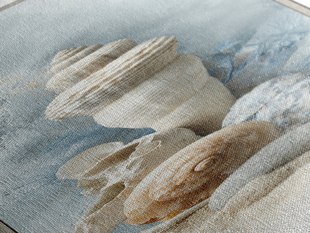Minimal Seashell Still Life on Pale Sand Framed Canvas Print, Bathroom Art, Canvas Wall Art, Bathroom Decor, Fine Art, Spa, BAT-1x3-87
