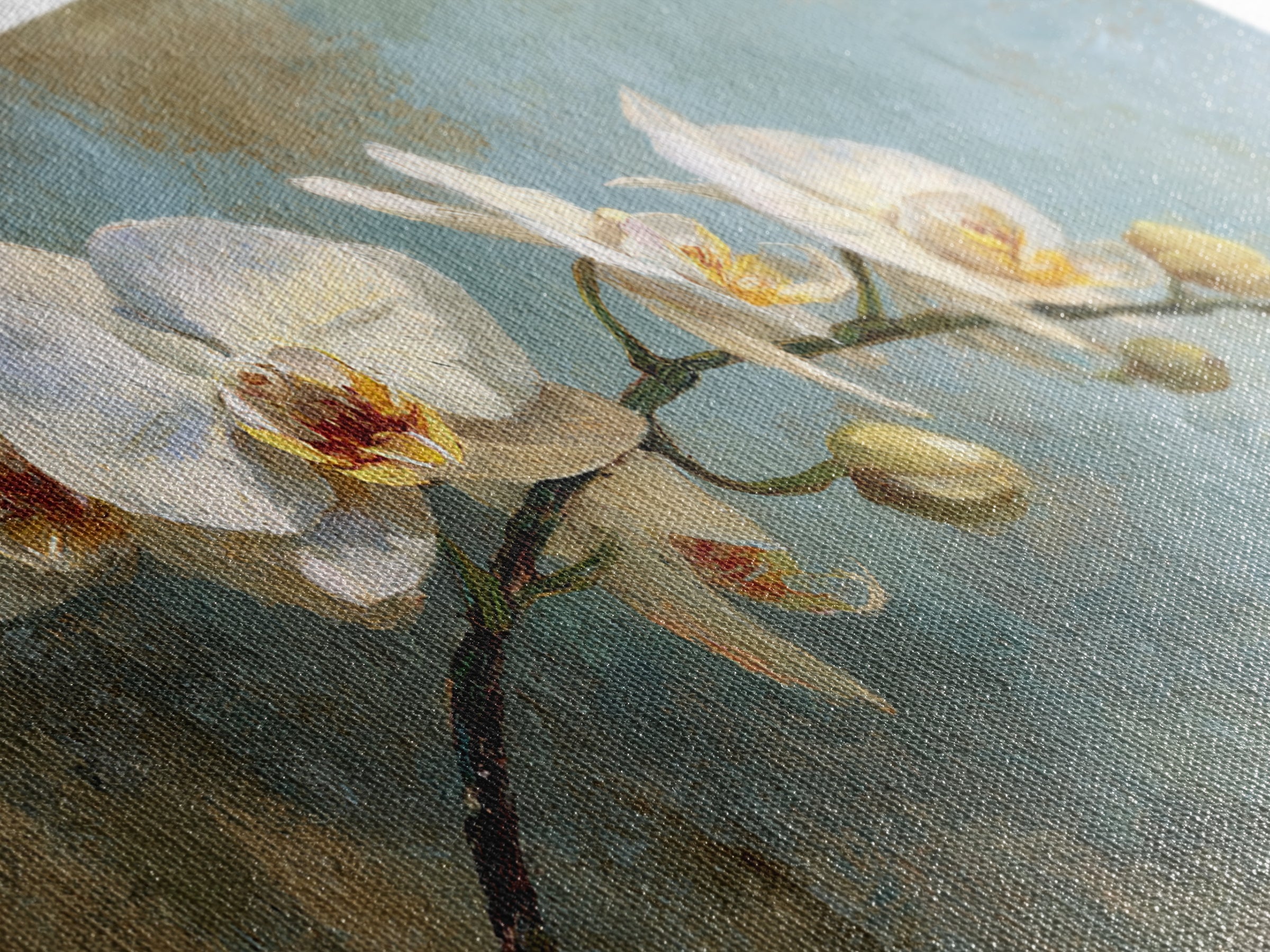 White Orchid on Warm Stone Background Framed Canvas Print, Bathroom Art, Textured Painting, Bathroom Decor, Fine Art, Spa, BAT-2x1-24