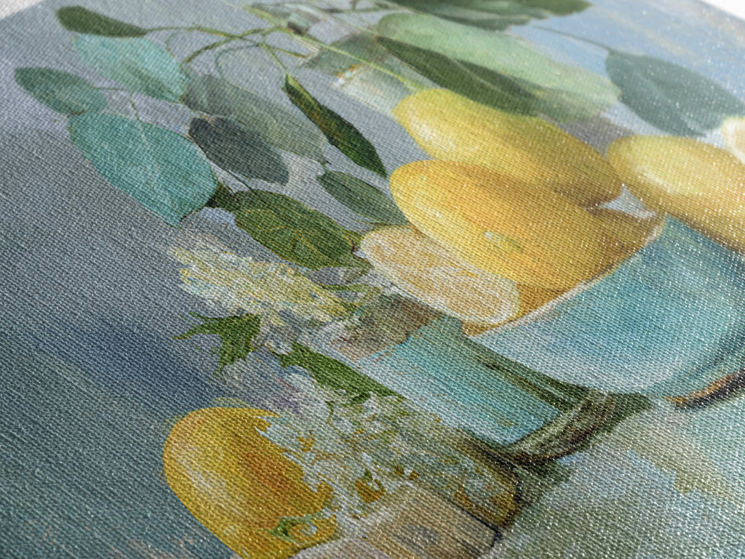 Lemon and Botanical Still Life Framed Canvas Print, Bathroom Art, Luxury Decor, Bathroom Decor, Oil Painting, Spa, BAT-2x1-50
