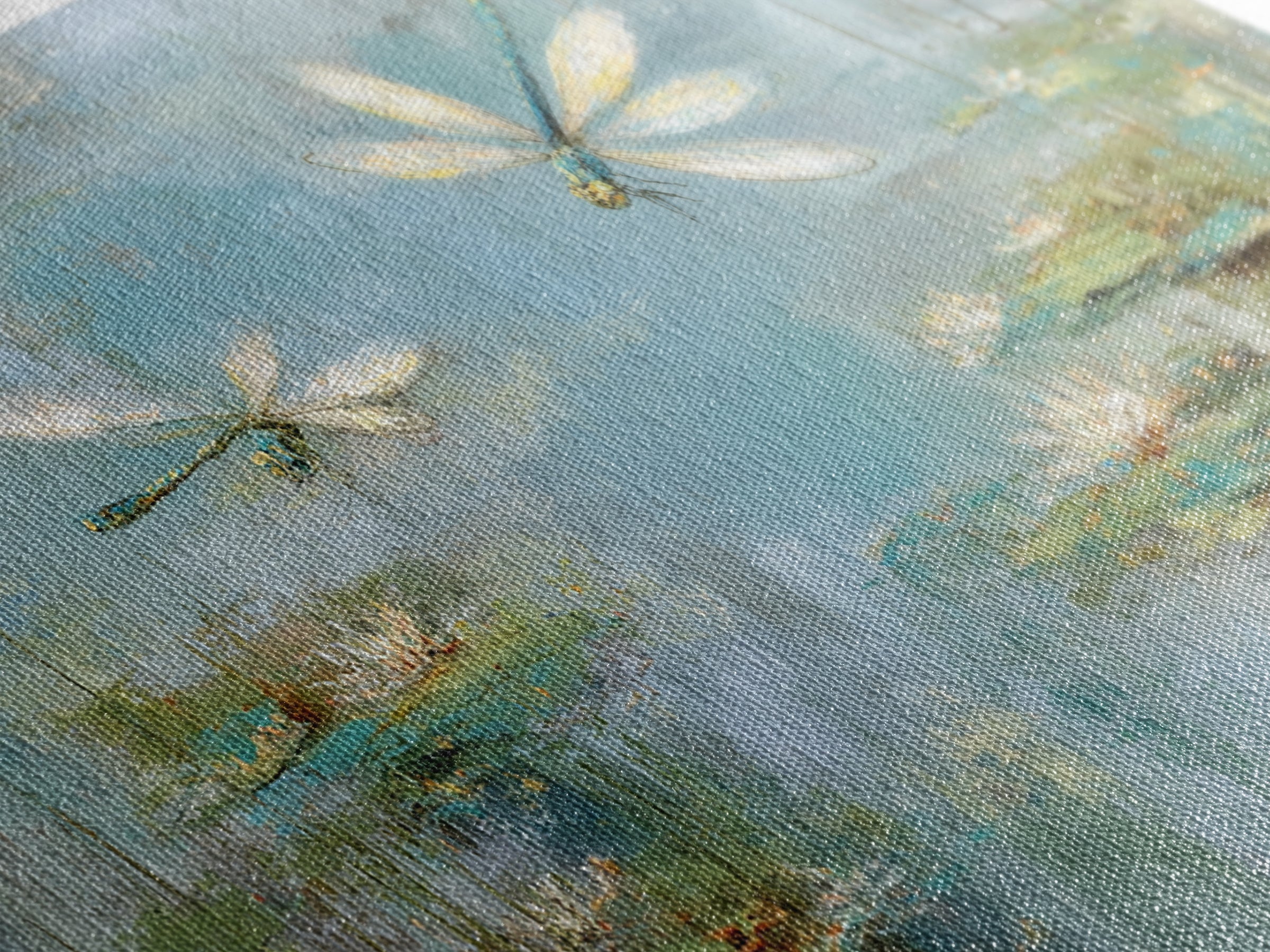 Delicate Dragonfly Above a Pond Surface Framed Canvas Print, Bathroom Art, Dog Portrait, Bathroom Decor, Oil Painting, Spa, BAT-2x1-92