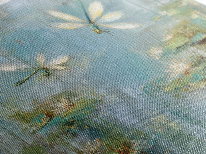 Delicate Dragonfly Above a Pond Surface Framed Canvas Print, Bathroom Art, Dog Portrait, Bathroom Decor, Oil Painting, Spa, BAT-2x1-92