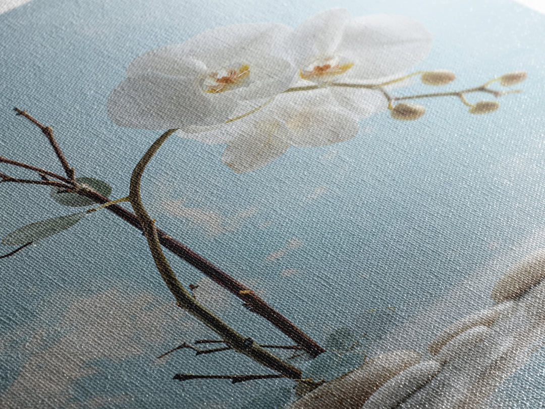 White Orchid on Warm Stone Background Framed Canvas Print, Bathroom Art, Canvas Wall Art, Bathroom Decor, Fine Art, Spa, BAT-2x3-84