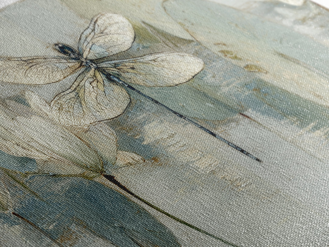 Delicate Dragonfly Above a Pond Surface Canvas Print, Bathroom Art, Unique Wall Art, Bathroom Decor, Spa, Gallery Decor, BAT-3x1-16