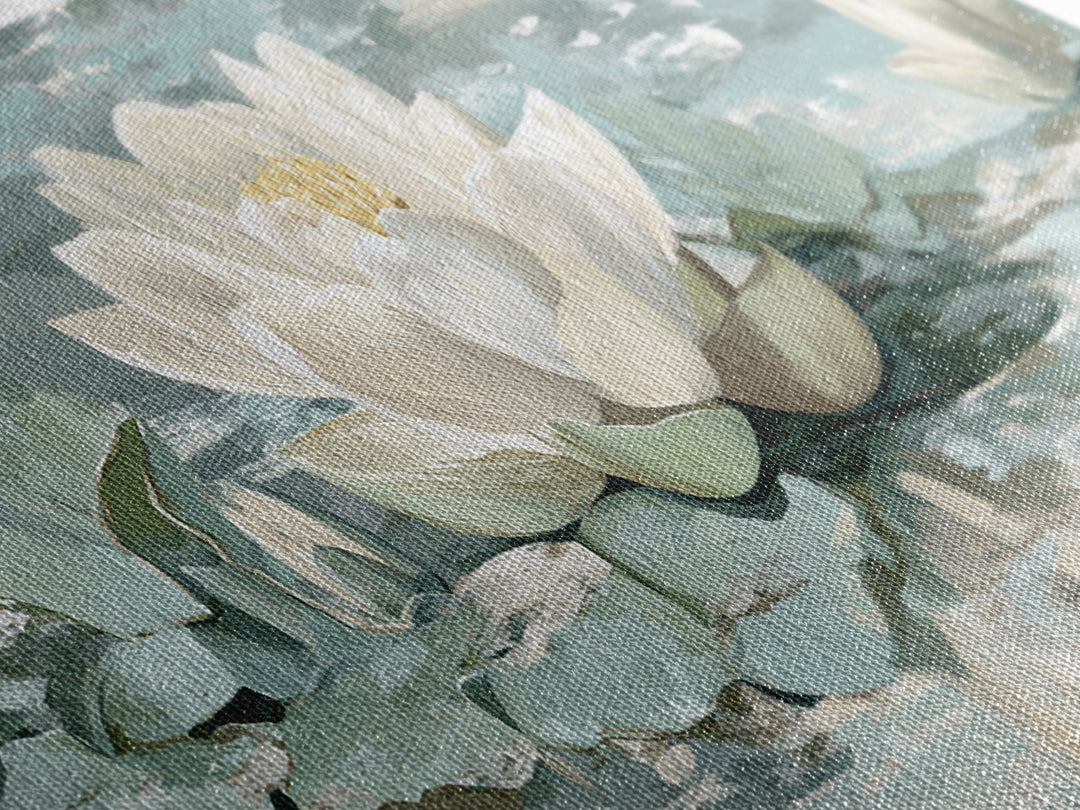 Lotus Flower Floating on Calm Water Framed Canvas Print, Bathroom Art, Fine Art Print, Bathroom Decor, Oil Painting, Spa, BAT-3x1-60