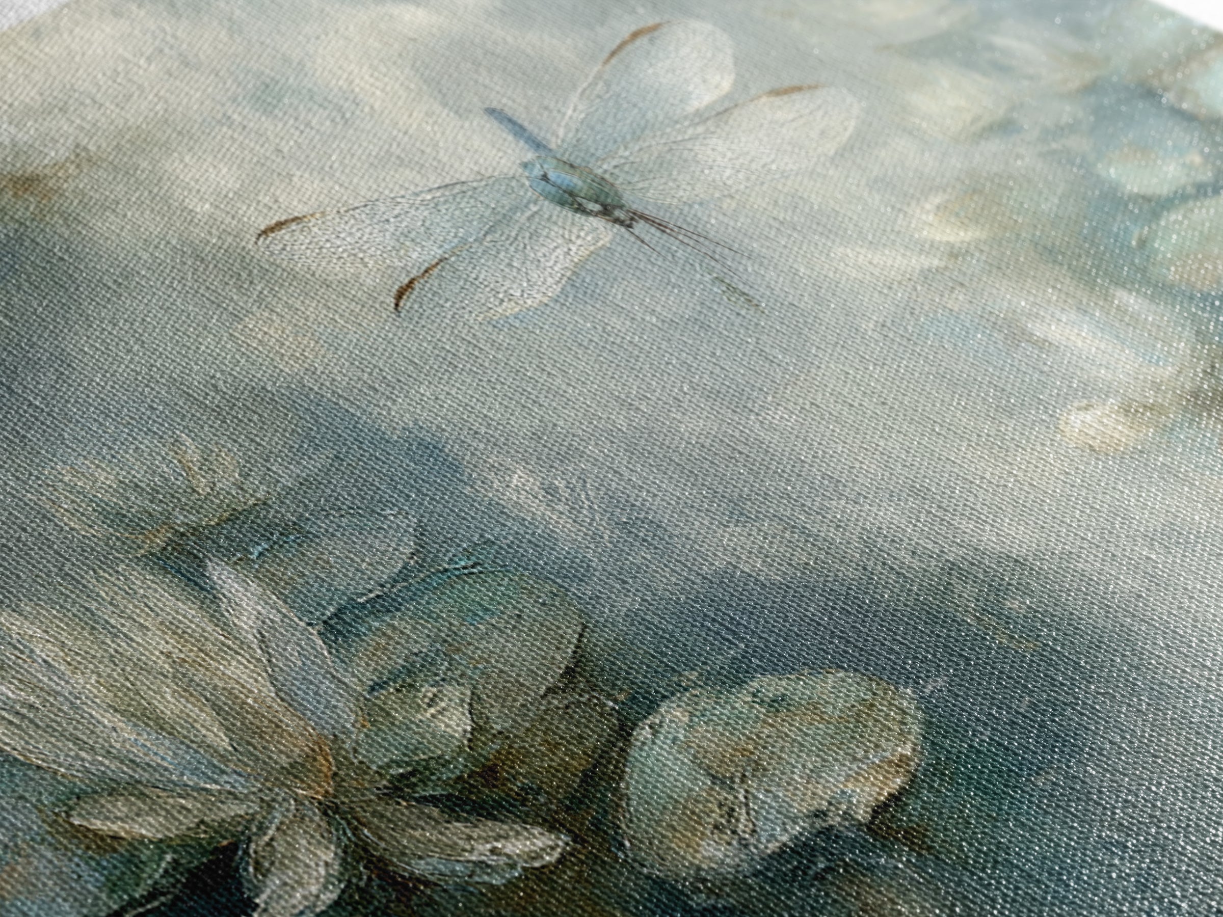 Delicate Dragonfly Above a Pond Surface Framed Canvas Print, Bathroom Art, Statement Artwork, Bathroom Decor, Fine Art, Spa, BAT-3x1-64