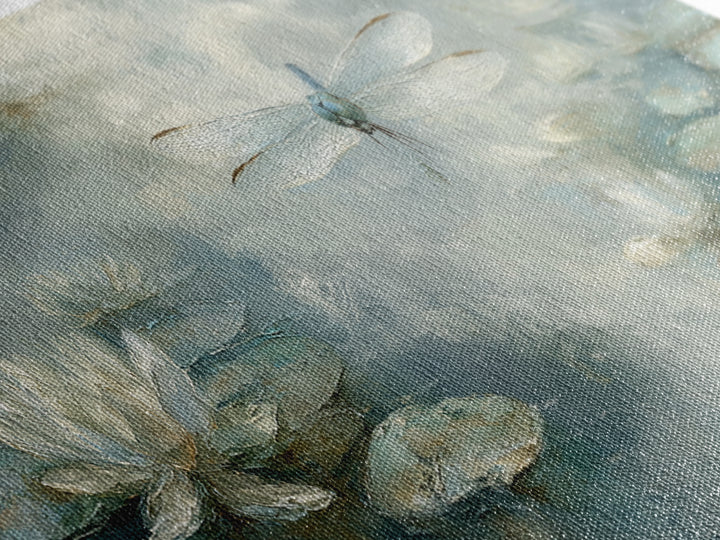 Delicate Dragonfly Above a Pond Surface Framed Canvas Print, Bathroom Art, Statement Artwork, Bathroom Decor, Fine Art, Spa, BAT-3x1-64