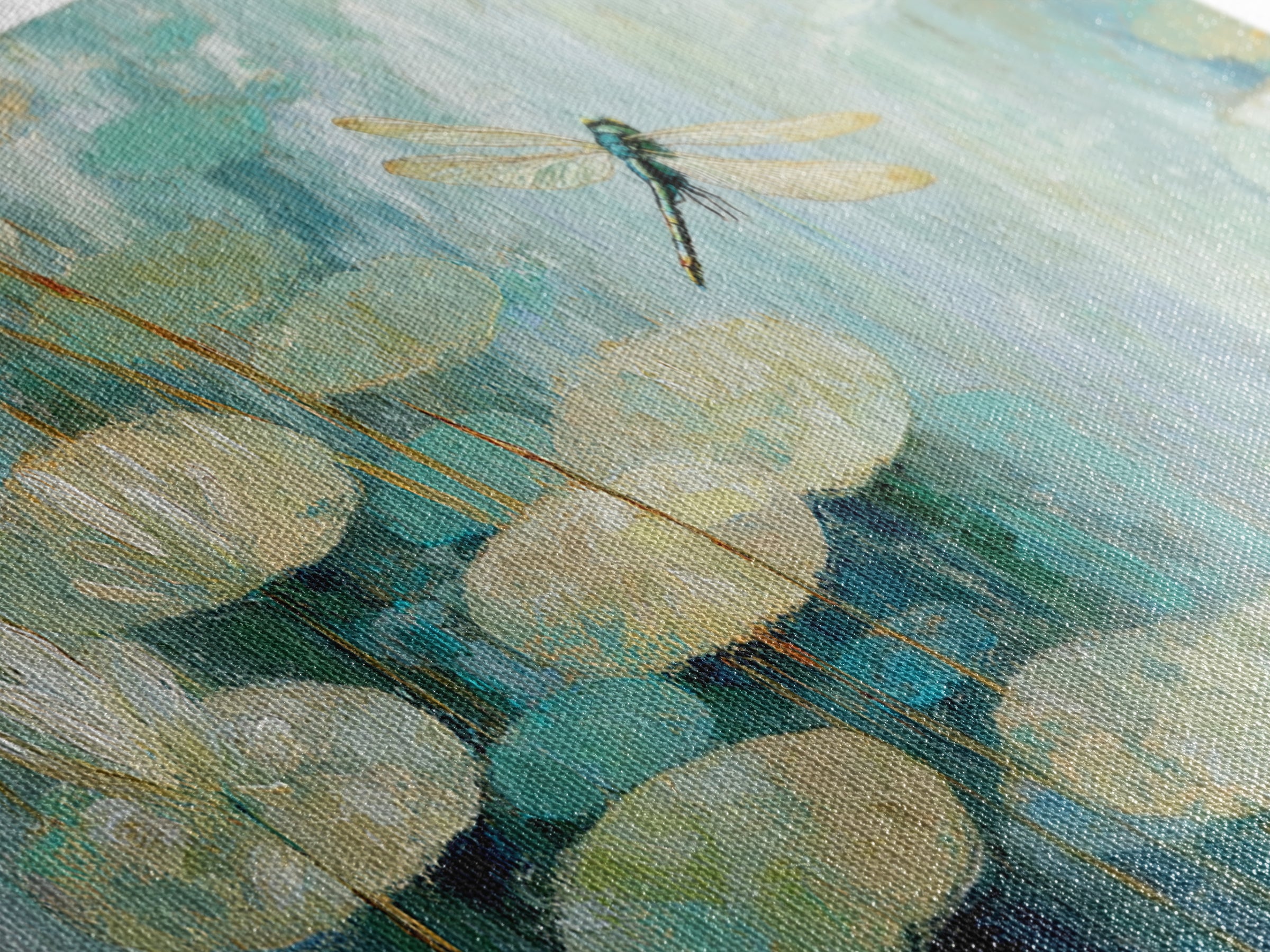 Delicate Dragonfly Above a Pond Surface Canvas Print, Bathroom Art, Textured Painting, Bathroom Decor, Oil Painting, Spa, BAT-3x1-88