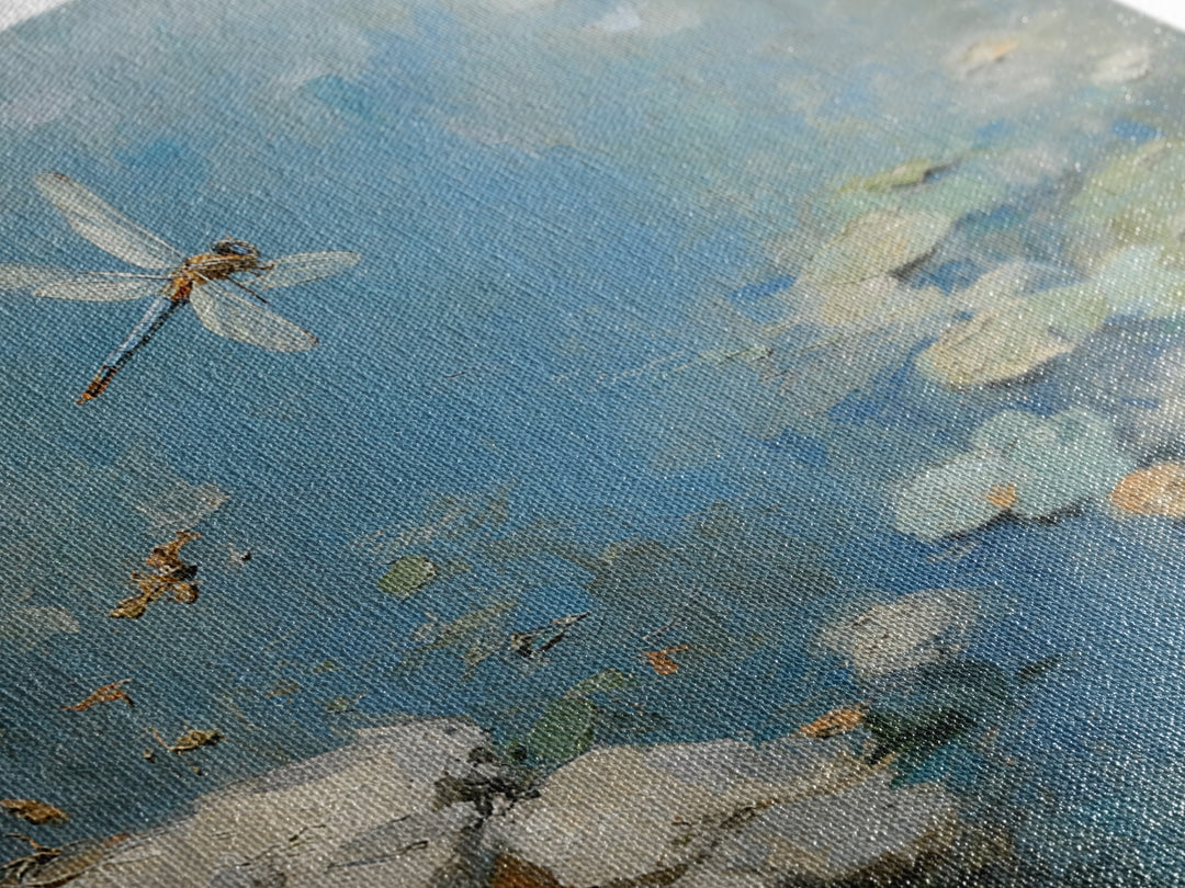 Delicate Dragonfly Above a Pond Surface Framed Canvas Print, Bathroom Art, Bathroom Art Decor, Bathroom Decor, Oil Painting, BAT-3x2-100