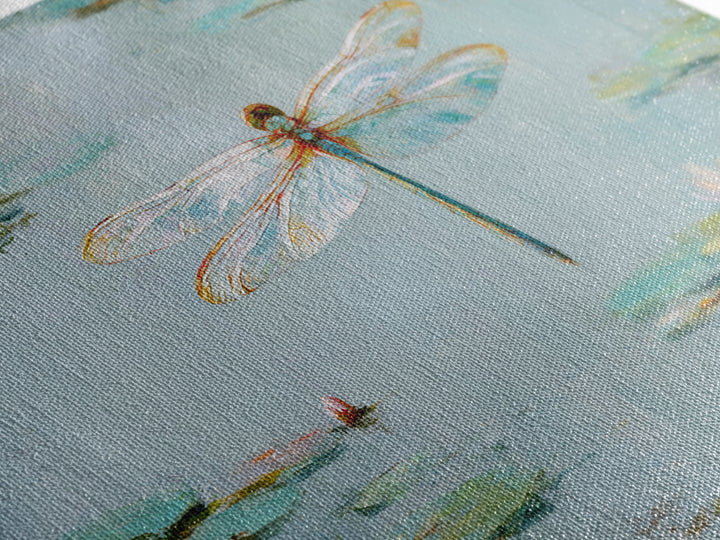 Delicate Dragonfly Above a Pond Surface Framed Canvas Print, Bathroom Art, Home Decor, Bathroom Decor, Fine Art, Spa, BAT-3x2-28