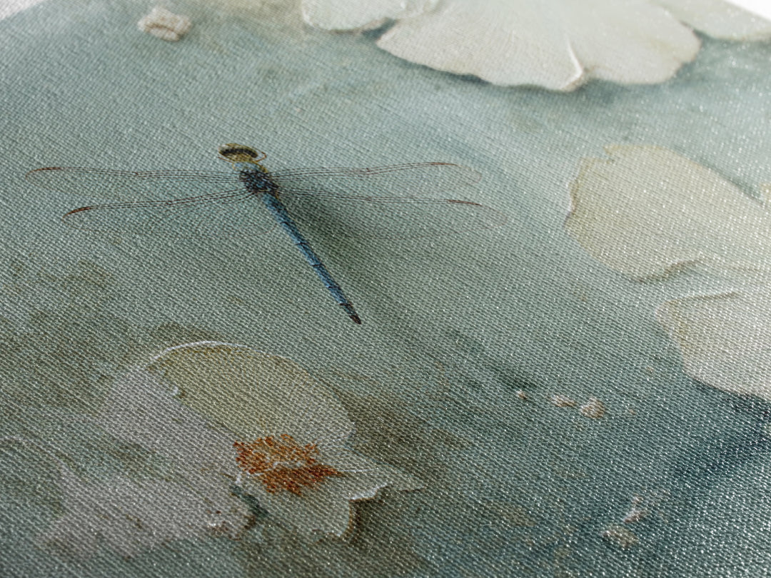 Delicate Dragonfly Above a Pond Surface Canvas Print, Bathroom Art, Room Decor, Bathroom Decor, Oil Painting, Spa, BAT-3x2-4