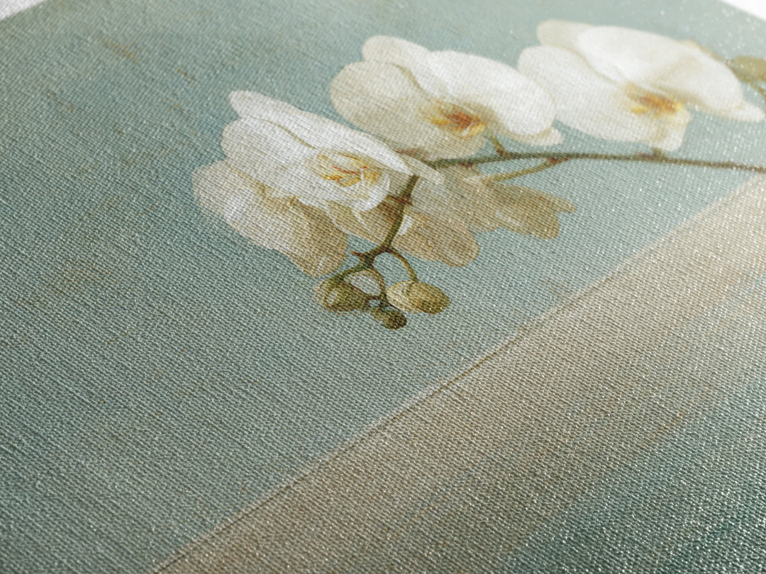 White Orchid on Warm Stone Background Framed Canvas Print, Bathroom Art, Poster, Bathroom Decor, Oil Painting, Spa, BAT-3x2-8