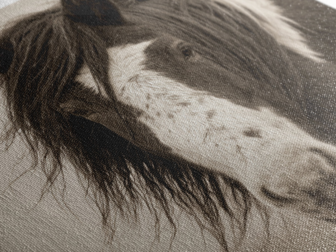 Black and White Wild Horse Portrait Framed Canvas Print, Black and White Art, Textured Painting, Living Room Decor, Monochrome, BAW-1x1-53