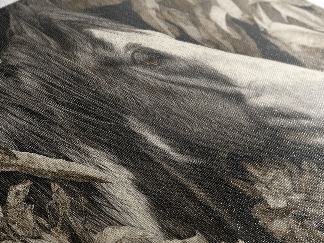 Black and White Wild Horse Portrait Canvas Print, Black and White Art, Large Wall Art, Living Room Decor, Fine Art, Monochrome, BAW-2x1-73
