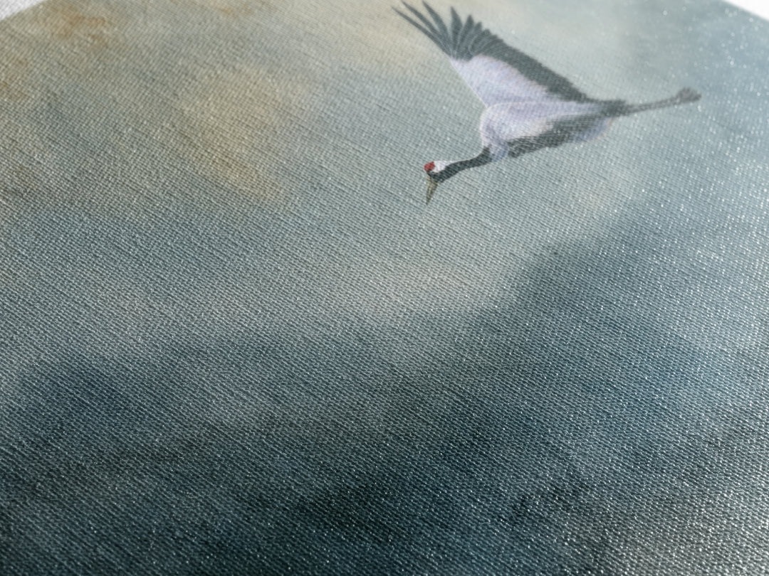 Black Ink Crane Flying Across Empty Sky Canvas Print, Black and White Art, Abstract Art, Living Room Decor, Monochrome, BAW-2x1-81
