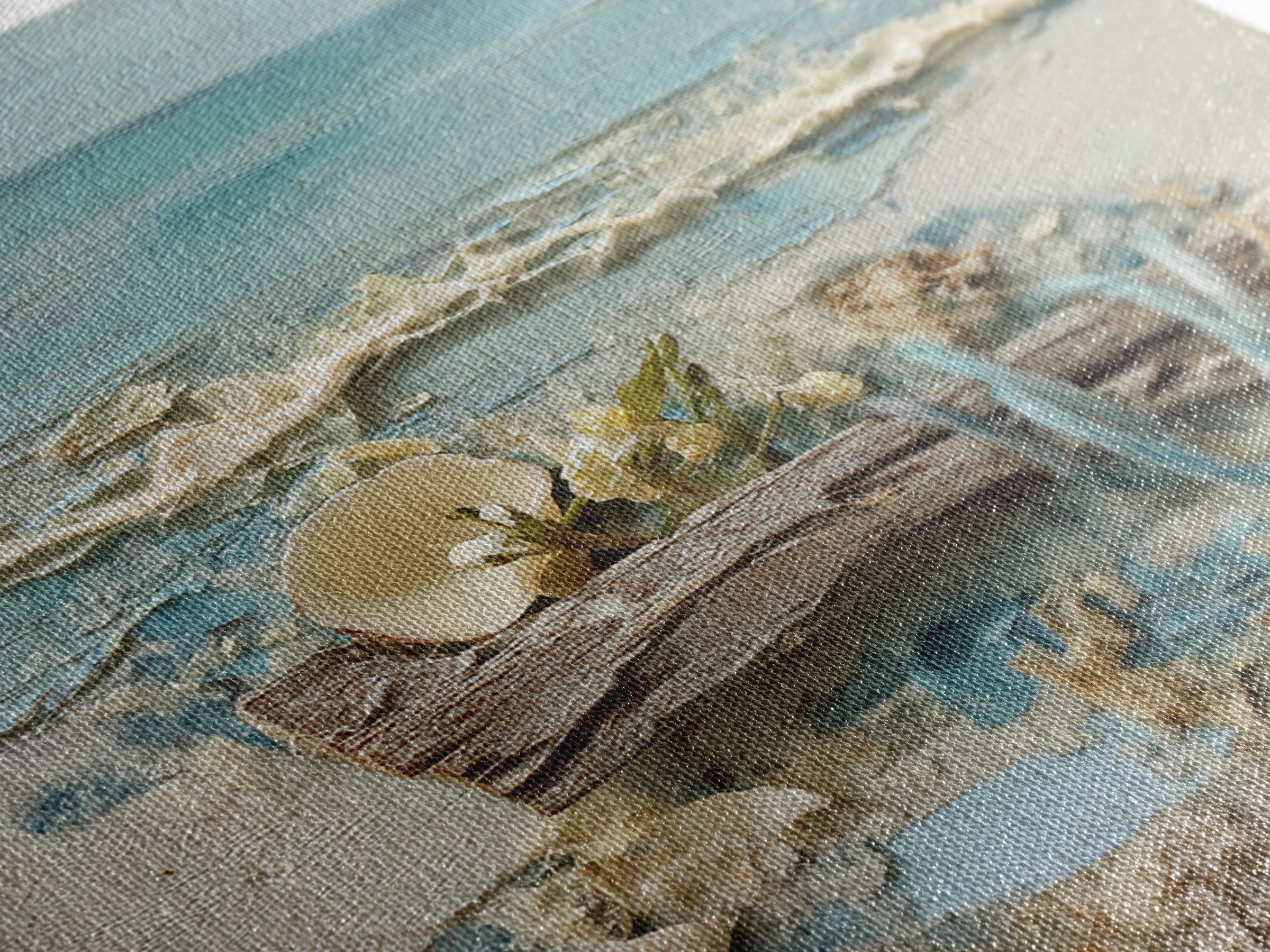 Driftwood and Wildflowers on Sand Framed Canvas Print, Beach Art, Coastal Decor, Oil Painting, Shore, Boho Decor, BEA-1x1-46