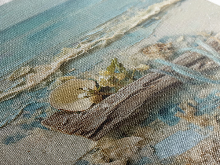 Driftwood and Wildflowers on Sand Framed Canvas Print, Beach Art, Coastal Decor, Oil Painting, Shore, Boho Decor, BEA-1x1-46