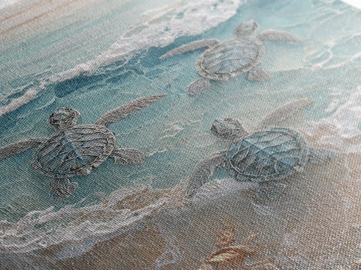 Family of Sea Turtles Crossing Moonlit Sand Framed Canvas Print, Beach Art, Textured Painting, Coastal Decor, Fine Art, Shore, BEA-2x3-22