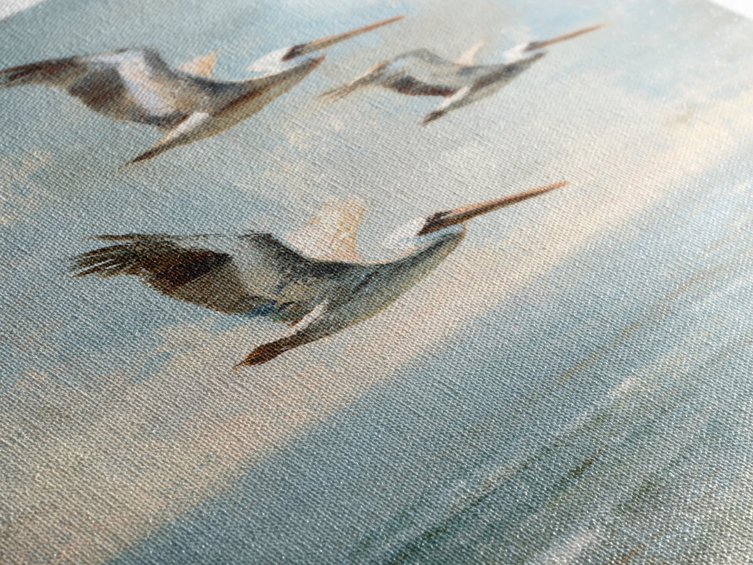 Pelicans Flying Low Framed Canvas Print, Beach Art, Beach Print, Coastal Decor, Fine Art, Shore, Textured Painting, BEA-2x3-3