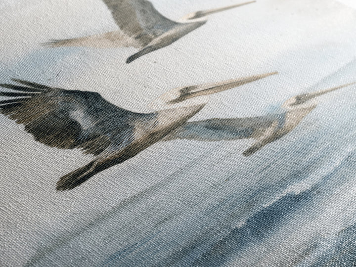 Pelicans Flying Low Framed Canvas Print, Beach Art, Room Decor, Coastal Decor, Oil Painting, Shore, Original Painting, BEA-2x3-51