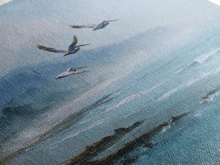 Pelicans Flying Low Framed Canvas Print, Beach Art, Room Decor, Coastal Decor, Oil Painting, Shore, Original Painting, BEA-3x2-47