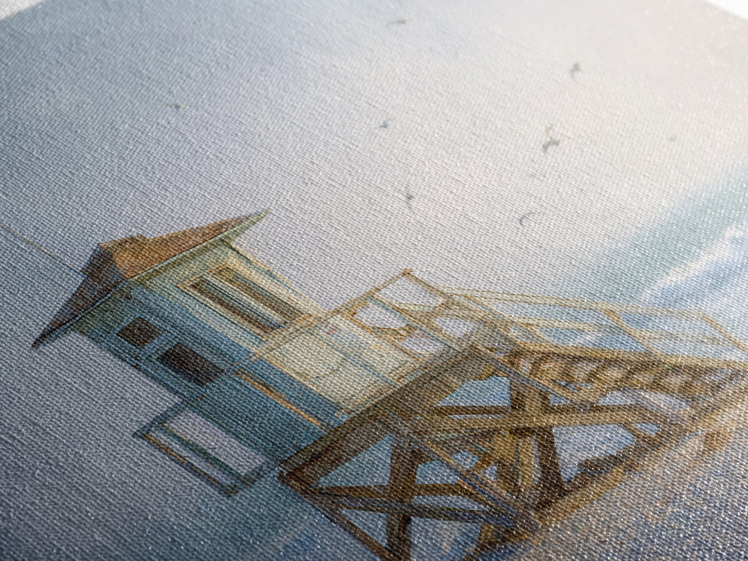 Quiet Lifeguard Tower at Golden Hour Framed Canvas Print, Beach Art, Coastal Decor, Oil Painting, Shore, Whimsical Decor, BEA-3x2-55