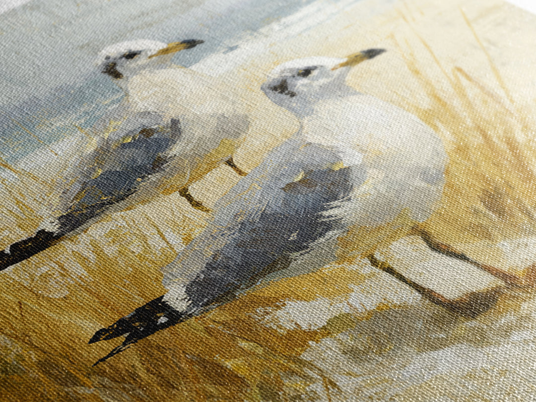 Seagulls Above a Pale Beach Horizon Canvas Print, Bird Art, Mid Century Modern, Living Room Decor, Flight, Botanical Wall Art, BIR-1x1-20