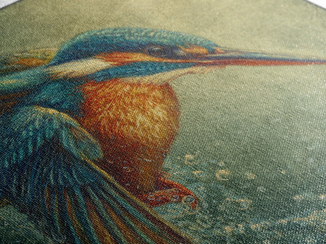 Kingfisher Diving Toward Blue Water Canvas Print, Bird Art, Botanical Wall Art, Living Room Decor, Flight, Forest Wall Art, BIR-1x1-35