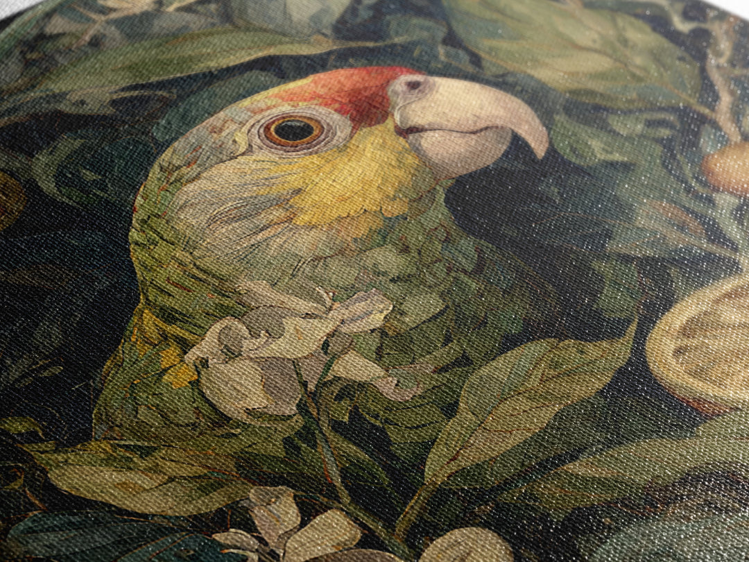Parrot Among Tropical Leaves and Fruit Framed Canvas Print, Bird Art, Forest Wall Art, Living Room Decor, Oil Painting, Flight, BIR-1x1-37