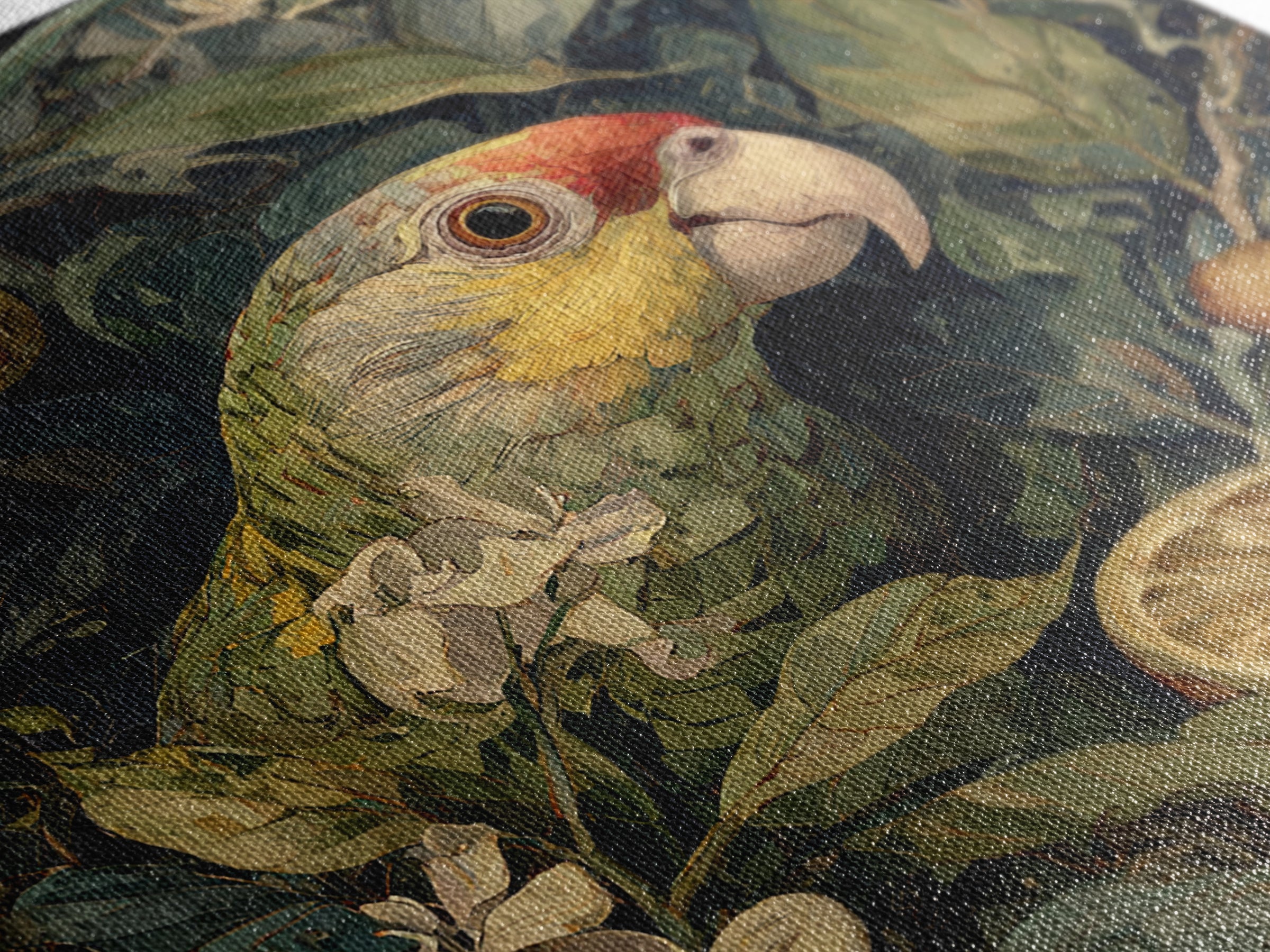 Parrot Among Tropical Leaves and Fruit Framed Canvas Print, Bird Art, Forest Wall Art, Living Room Decor, Oil Painting, Flight, BIR-1x1-37