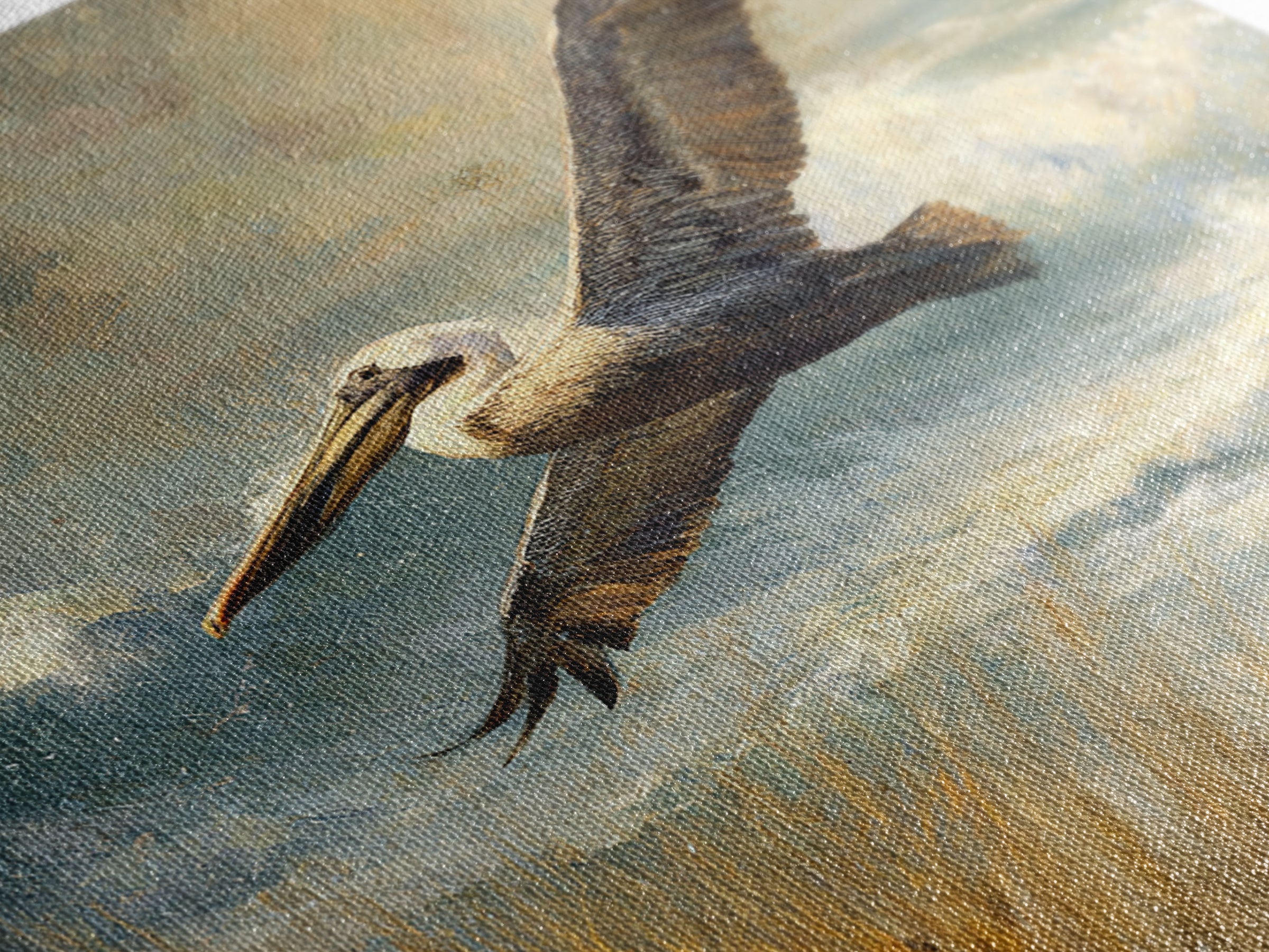 Pelican Flying over Coastal Waves Framed Canvas Print, Bird Art, Digital Download Art, Living Room Decor, Abstract Art, Flight, BIR-1x1-42
