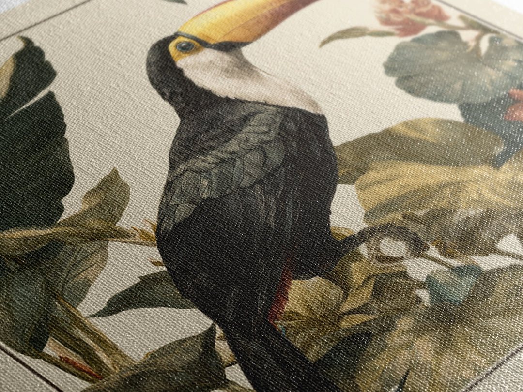 Toucan Framed by Bold Jungle Foliage Framed Canvas Print, Bird Art, Boho Wall Decor, Living Room Decor, Fine Art, Flight, BIR-1x1-47