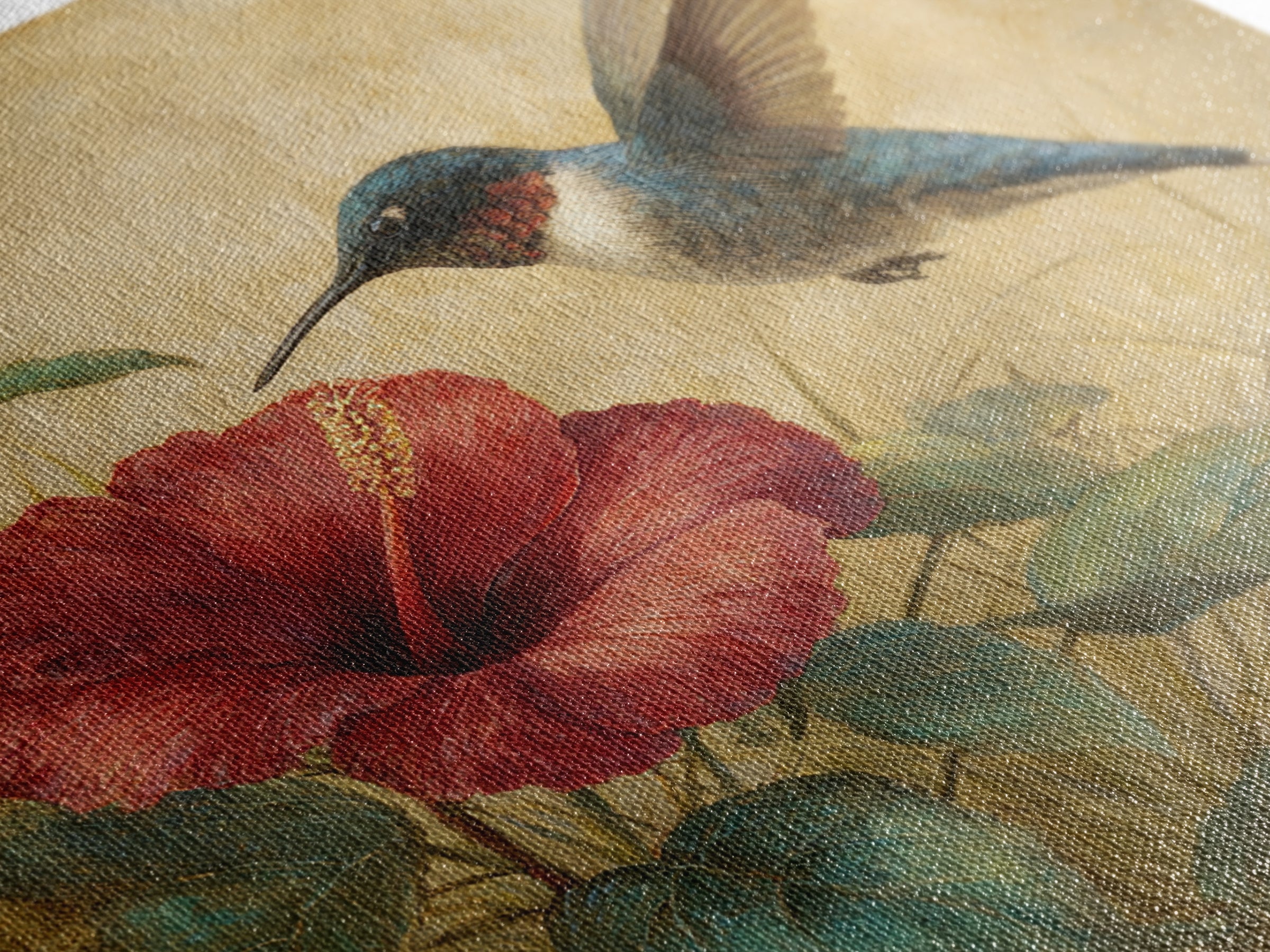 Hummingbird Hovering Beside Bright Hibiscus Framed Canvas Print, Bird Art, Gallery Wall, Living Room Decor, Fine Art, Flight, BIR-1x1-52