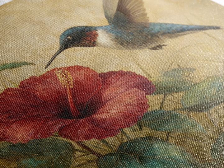 Hummingbird Hovering Beside Bright Hibiscus Framed Canvas Print, Bird Art, Gallery Wall, Living Room Decor, Fine Art, Flight, BIR-1x1-52