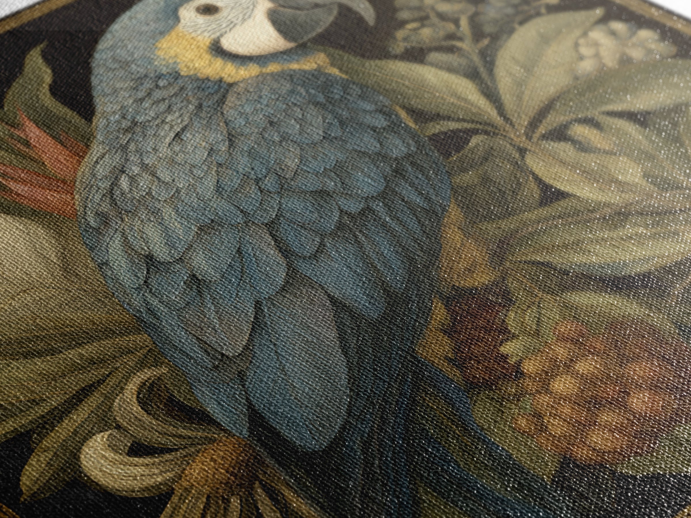 Parrot Among Tropical Leaves and Fruit Framed Canvas Print, Bird Art, Forest Wall Art, Living Room Decor, Oil Painting, Flight, BIR-1x1-61