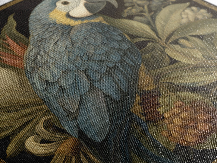 Parrot Among Tropical Leaves and Fruit Framed Canvas Print, Bird Art, Forest Wall Art, Living Room Decor, Oil Painting, Flight, BIR-1x1-61