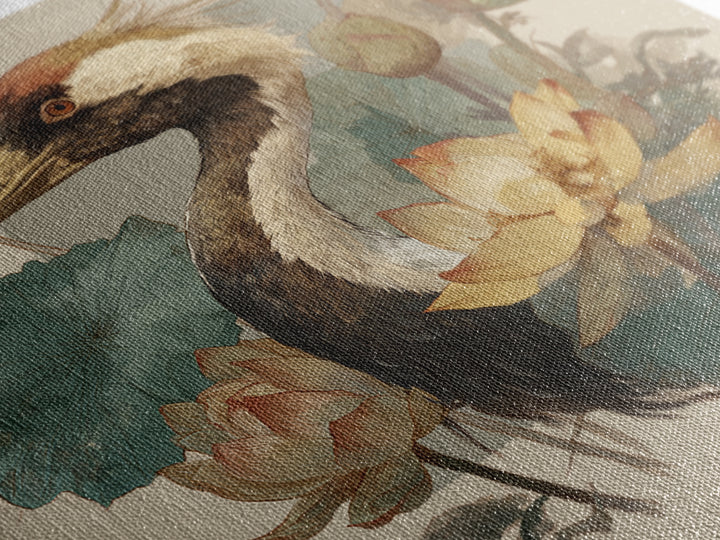 Crane and Lotus Composition Framed Canvas Print, Bird Art, Gallery Decor, Living Room Decor, Fine Art, Flight, Contemporary Art, BIR-1x1-65