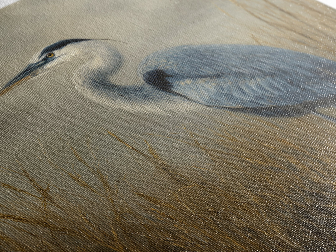 Blue Heron in Misty Marsh Grass Framed Canvas Print, Bird Art, Forest Wall Art, Living Room Decor, Flight, Minimalist Decor, BIR-1x1-74
