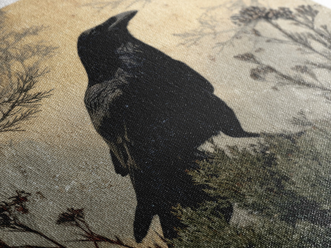 Raven Silhouette with Gothic Atmosphere Canvas Print, Bird Art, Textured Painting, Living Room Decor, Fine Art, Flight, BIR-1x1-81