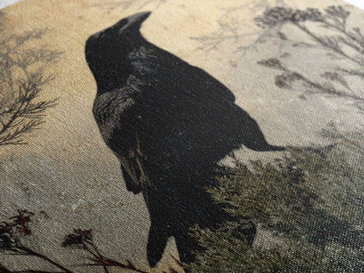 Raven Silhouette with Gothic Atmosphere Canvas Print, Bird Art, Textured Painting, Living Room Decor, Fine Art, Flight, BIR-1x1-81
