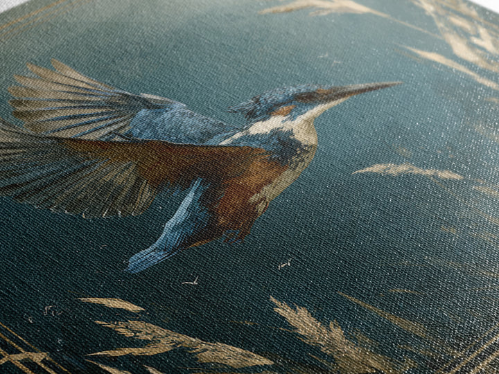 Kingfisher Diving Toward Blue Water Framed Canvas Print, Bird Art, Statement Artwork, Living Room Decor, Fine Art, Flight, BIR-1x1-83
