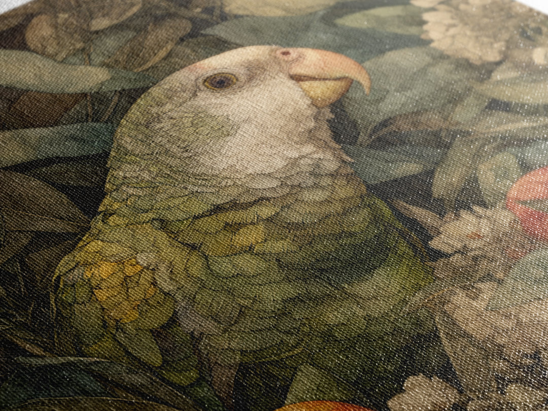 Parrot Among Tropical Leaves and Fruit Canvas Print, Bird Art, Boho Decor, Living Room Decor, Fine Art, Flight, BIR-1x1-85