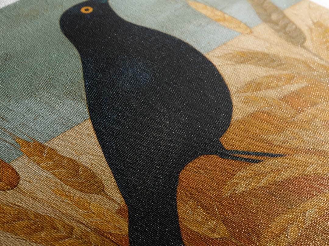 Blackbird on Gold Wheat Field Framed Canvas Print, Bird Art, Printable Wall Art, Living Room Decor, Fine Art, Flight, BIR-1x1-96