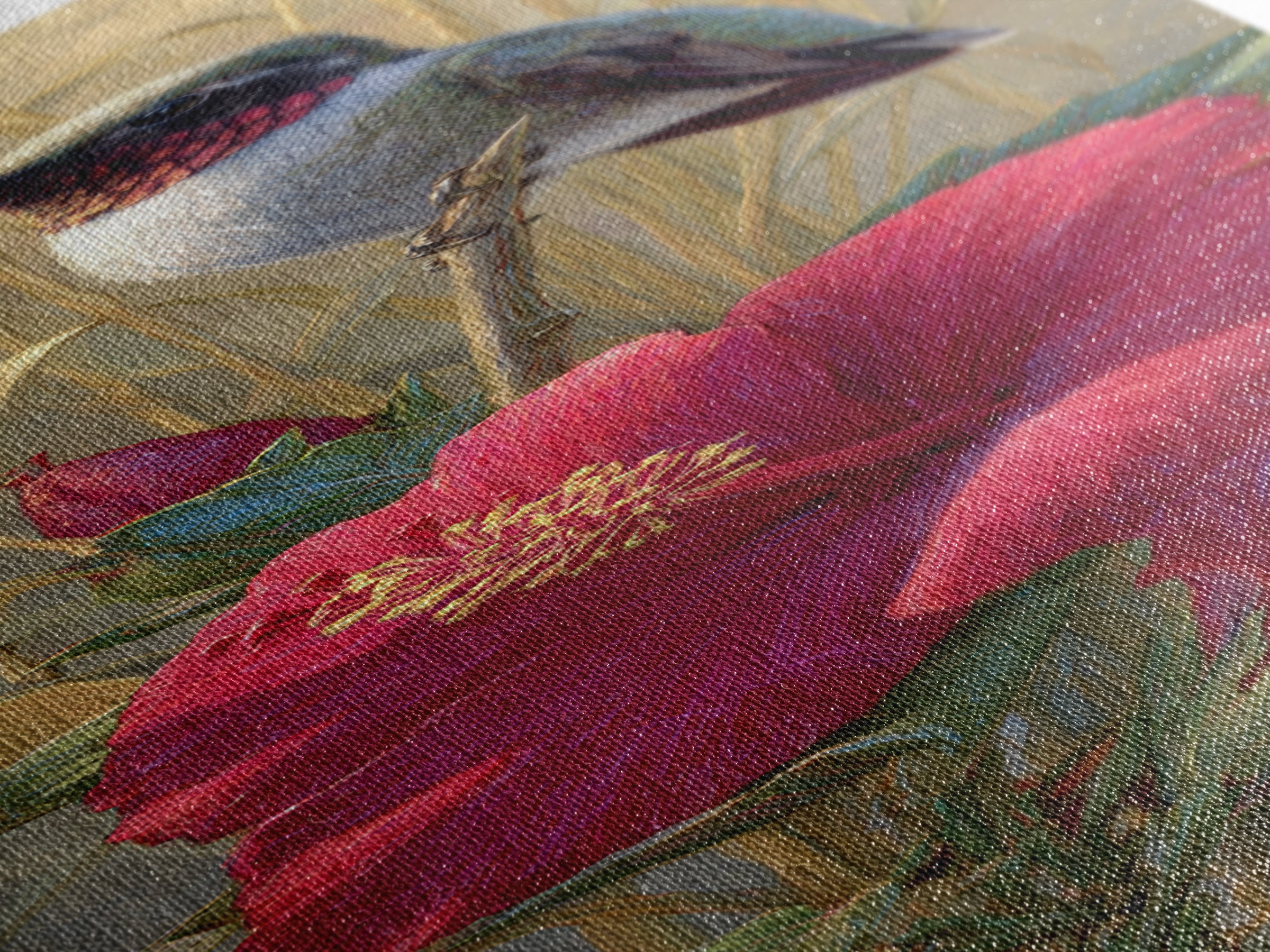 Hummingbird Hovering Beside Bright Hibiscus Canvas Print, Bird Art, Printable Wall Art, Living Room Decor, Fine Art, Flight, BIR-1x3-40
