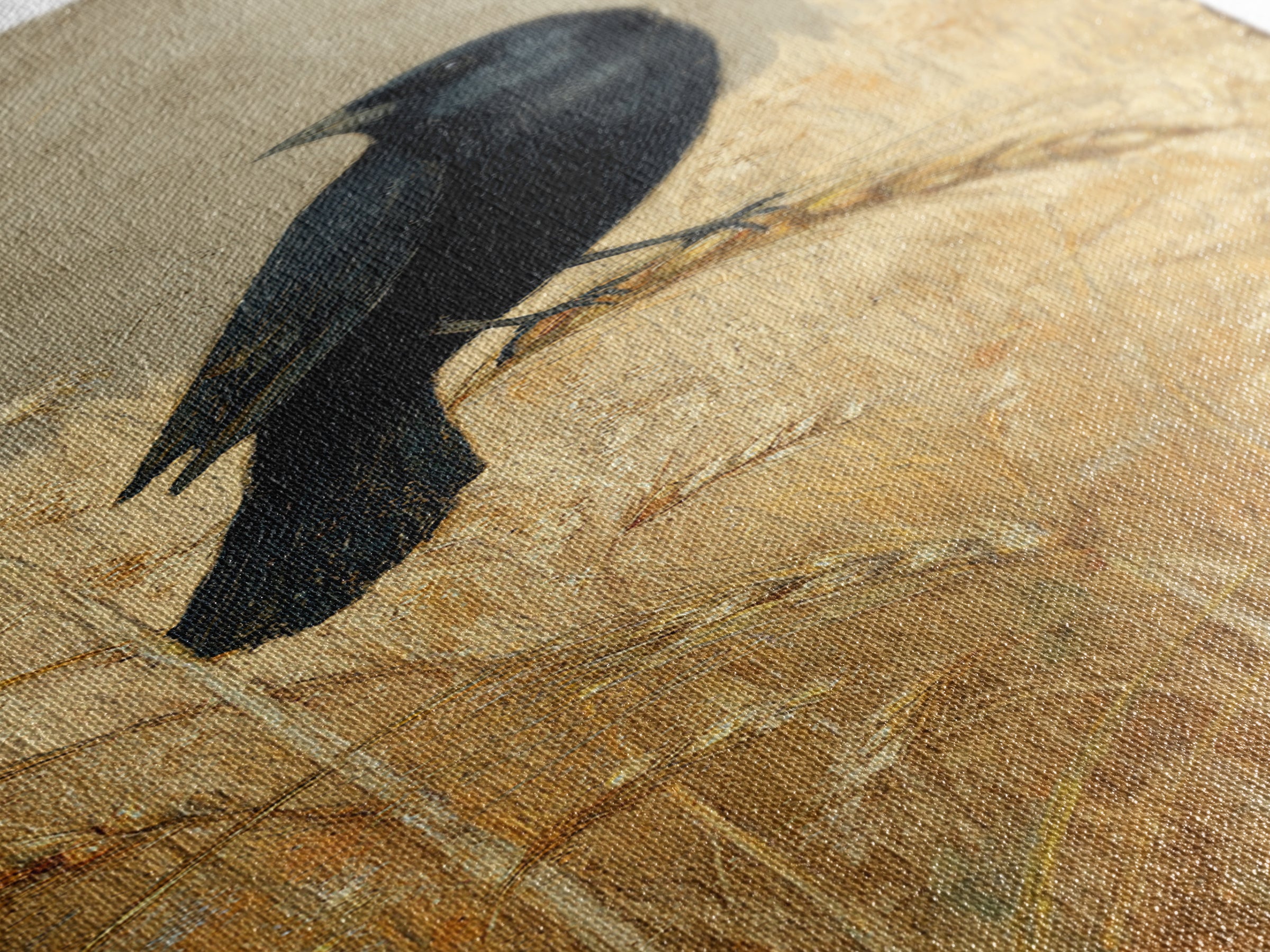 Blackbird on Gold Wheat Field Framed Canvas Print, Bird Art, Printable Art, Living Room Decor, Flight, Mid Century Wall Art, BIR-1x3-84