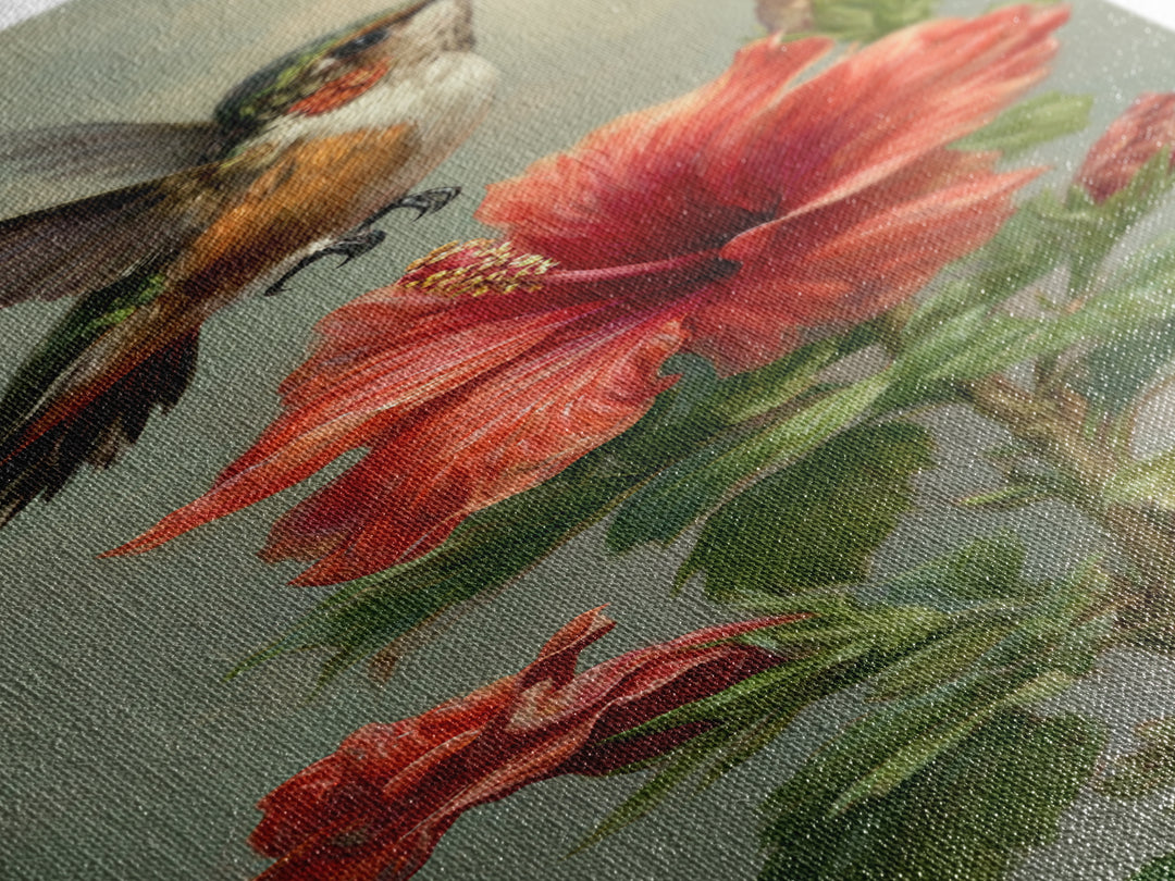 Hummingbird Hovering Beside Bright Hibiscus Canvas Print, Bird Art, Living Room Decor, Fine Art, Flight, Rustic Home Decor, BIR-1x3-88